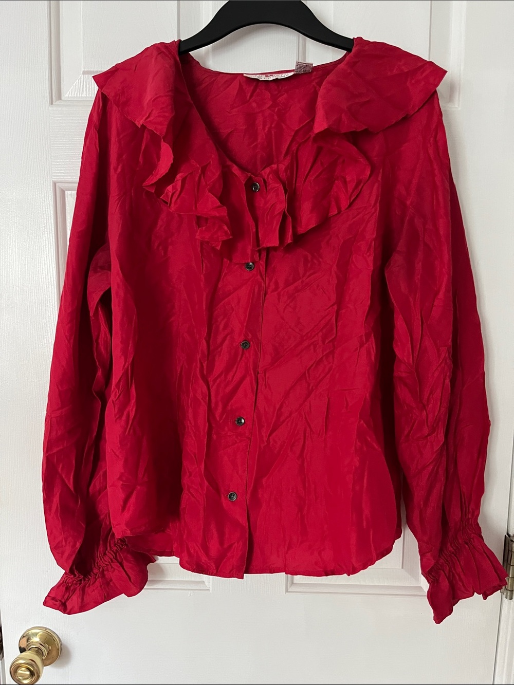 VINTAGE 100% Silk Stunt Collections Ruffle Blouse with Button Front Size Large